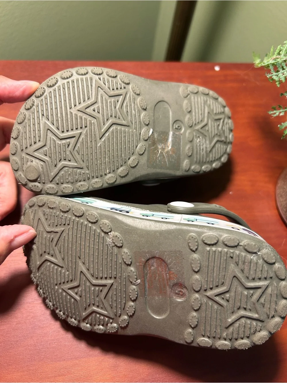 Kids Star-Cut Slip-On Clogs in Olive Green with Vehicle Accent